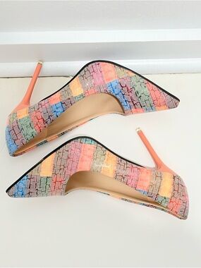 NWOB Multicolor Patchwork Pointed Toe Stiletto Heels Coral Heel Size US 10 UK 41